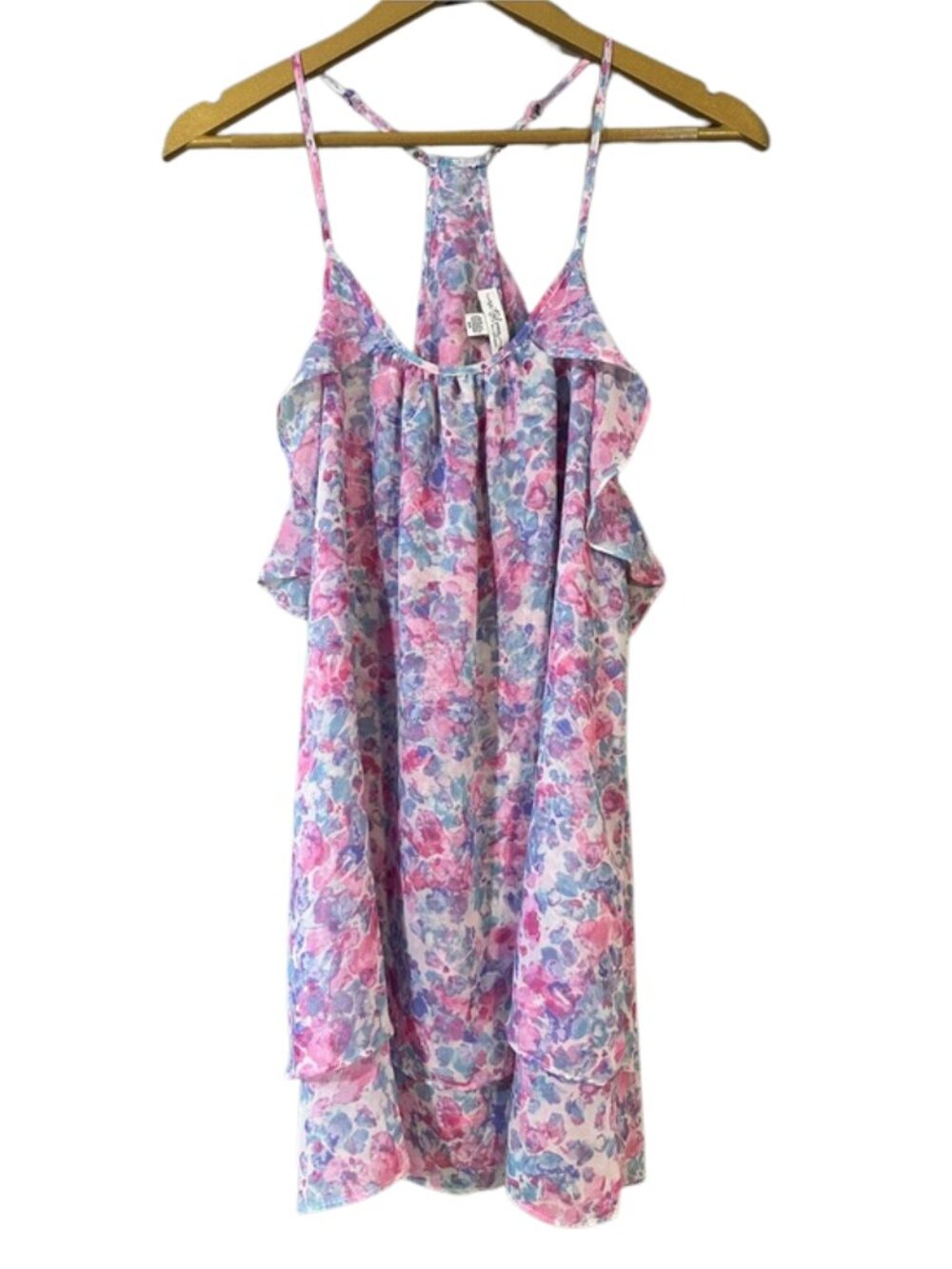 In Bloom Floral Racerback Tank Top Women’s Small Spaghetti Strap Flowy Ruffle